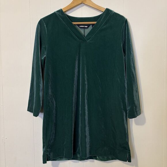 Lands End Women's Small Velvet/Velour Top Green V-Neck 3/4 Sleeve Jewel Romantic - Picture 1 of 12